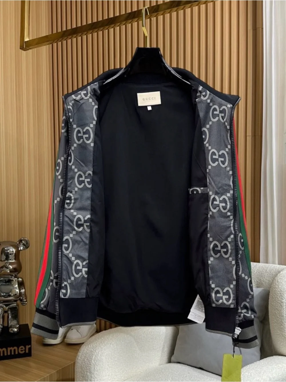 Gucci Gray GG Monogram Bomber Jacket with Green-Red Stripe